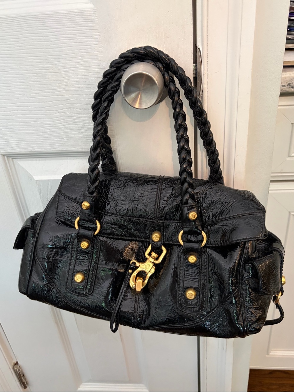 Francesco Biasia Vintage Black Braided-Handle Satchel Handbag with Gold Hardware